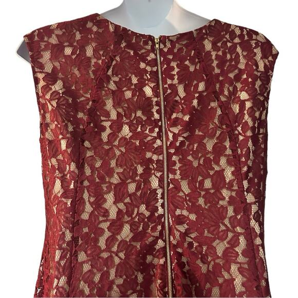 ⭐️Gabby Skye Lace Maroon Fit & Flare Sleeveless Illusion Overlay Party Dress - Picture 10 of 15